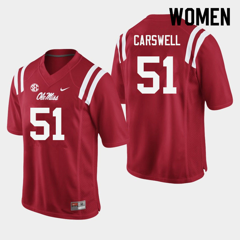 Women #51 Flip Carswell Ole Miss Rebels College Football Jerseys Sale-Red